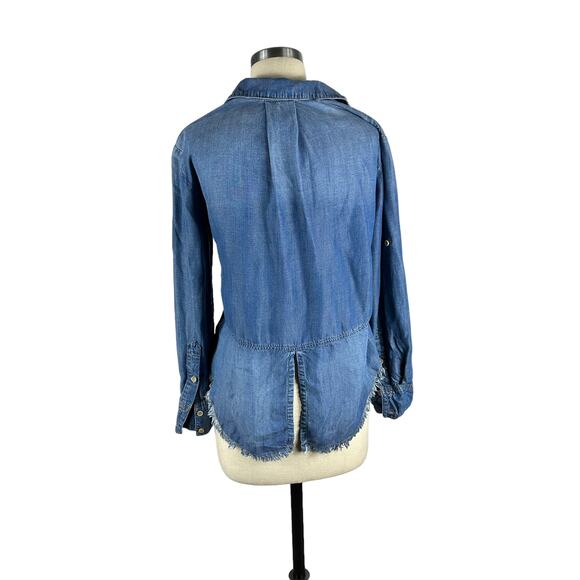CLOTH & STONE Roll Tab Frayed Chambray Button Down Blouse Top Women's Small - Picture 3 of 7